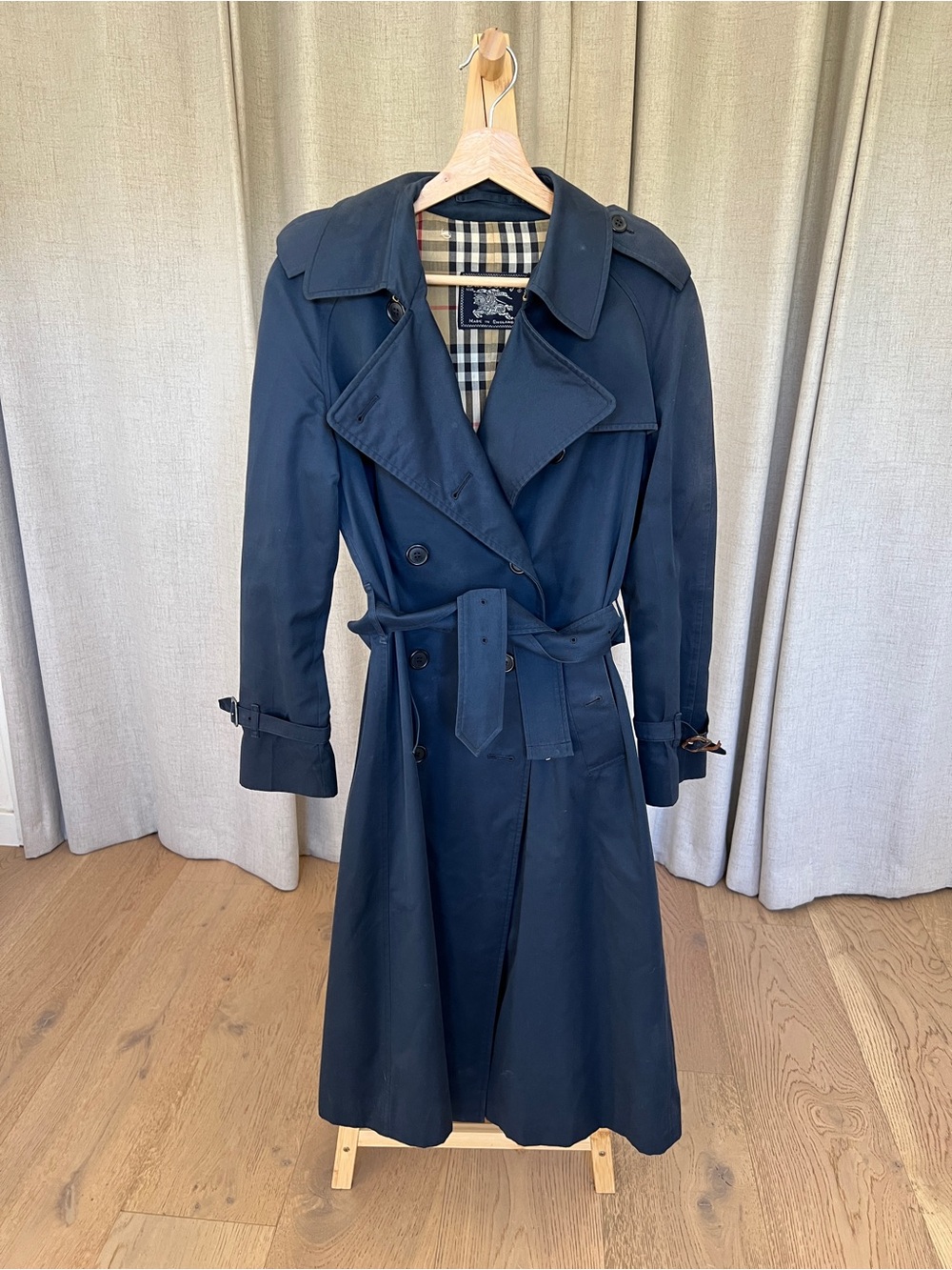 Vintage Burberry Navy Double-Breasted Trench Coat with Signature Check Lining